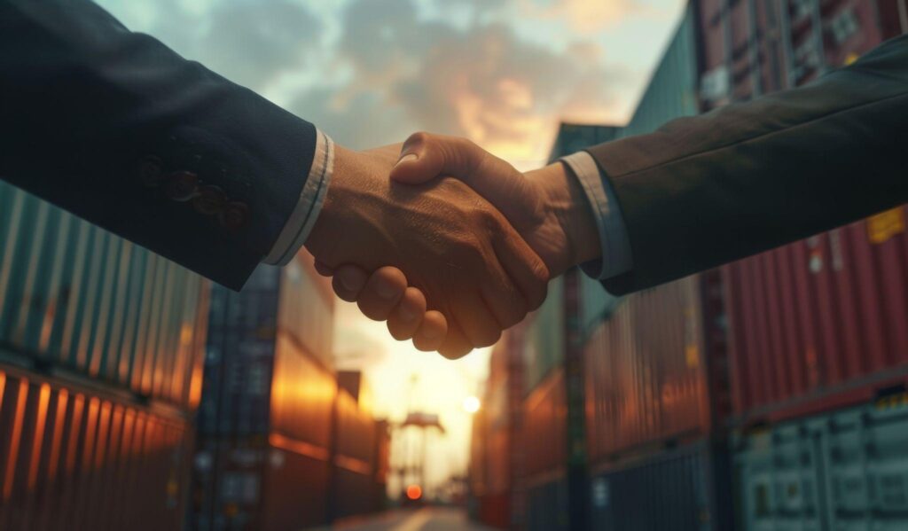 businessmen shaking hands at an industrial container terminal.