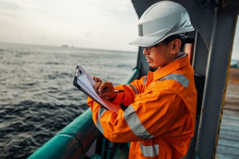 Deck officer on deck of offshore vessel or ship , wearing PPE personal protective equipment.