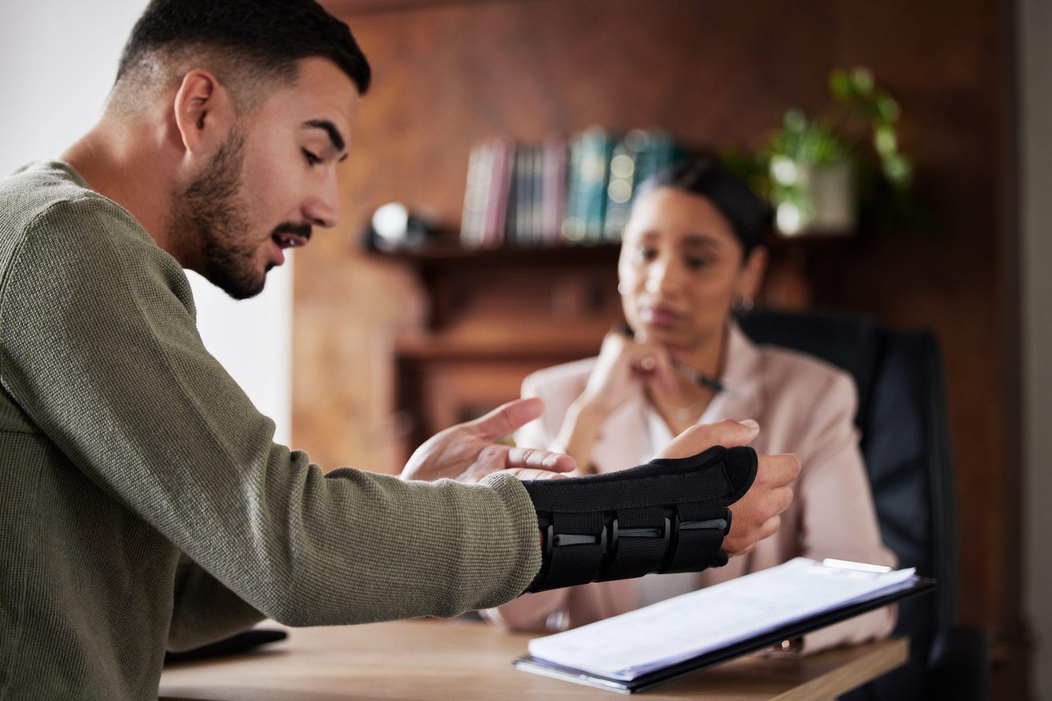 Injured maritime worker talking to a lawyer