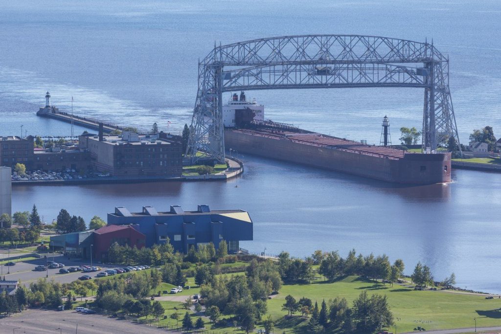 ship entering a harbor on lake superior