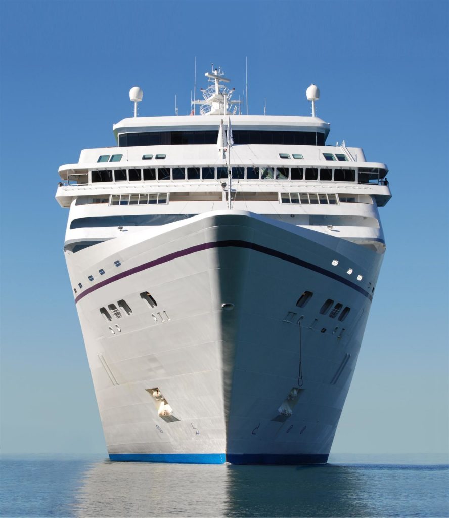 water level view of cruise ship facing the bow