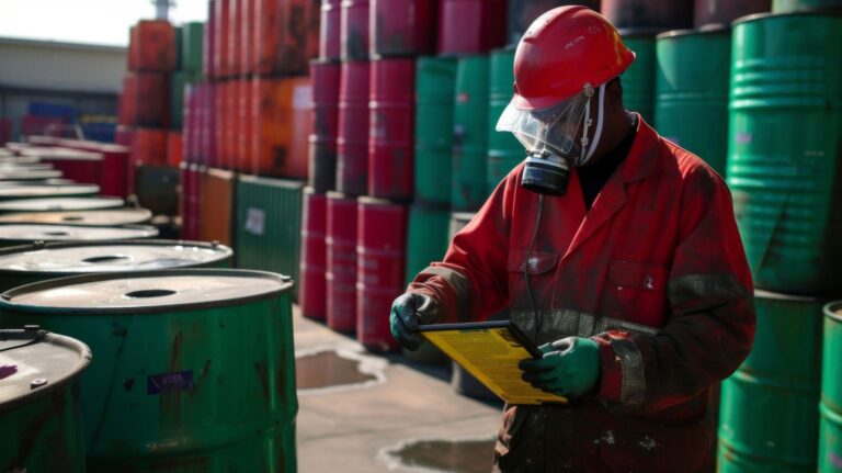 Maritime crew member inspects drums of hazardous chemicals