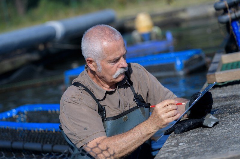 senior fish farm man making notes on clipboard