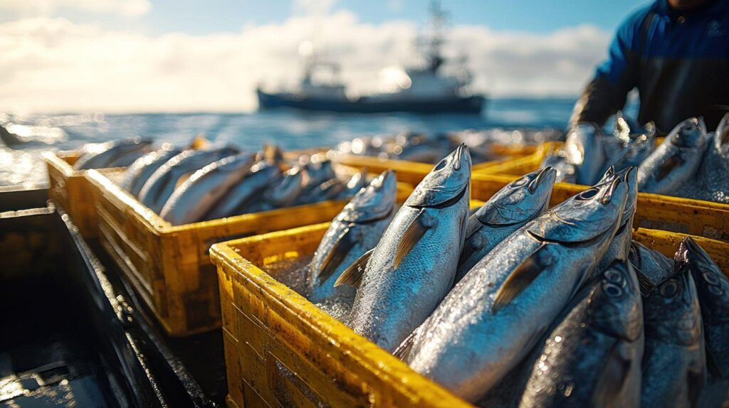 Maritime fishing vessel with fish in boxes