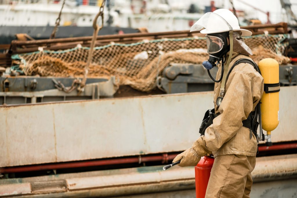 Firefighters on a training how to stop fire in a dangerous mission