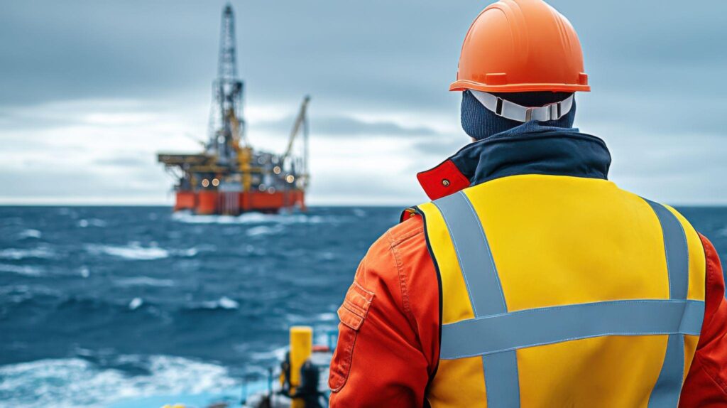 Maritime worker fcaing a ship at sea