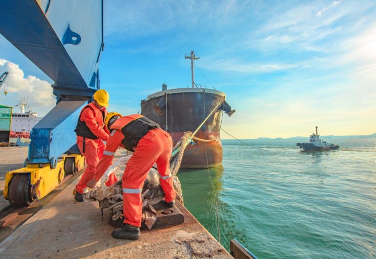 Maritime workers docking a ship at sea