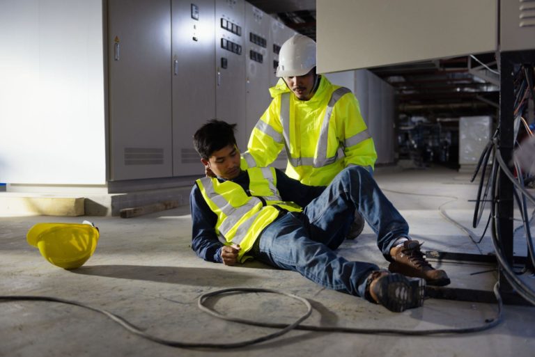 ccident at work of electrician job or Maintenance worker in the control room of factory.