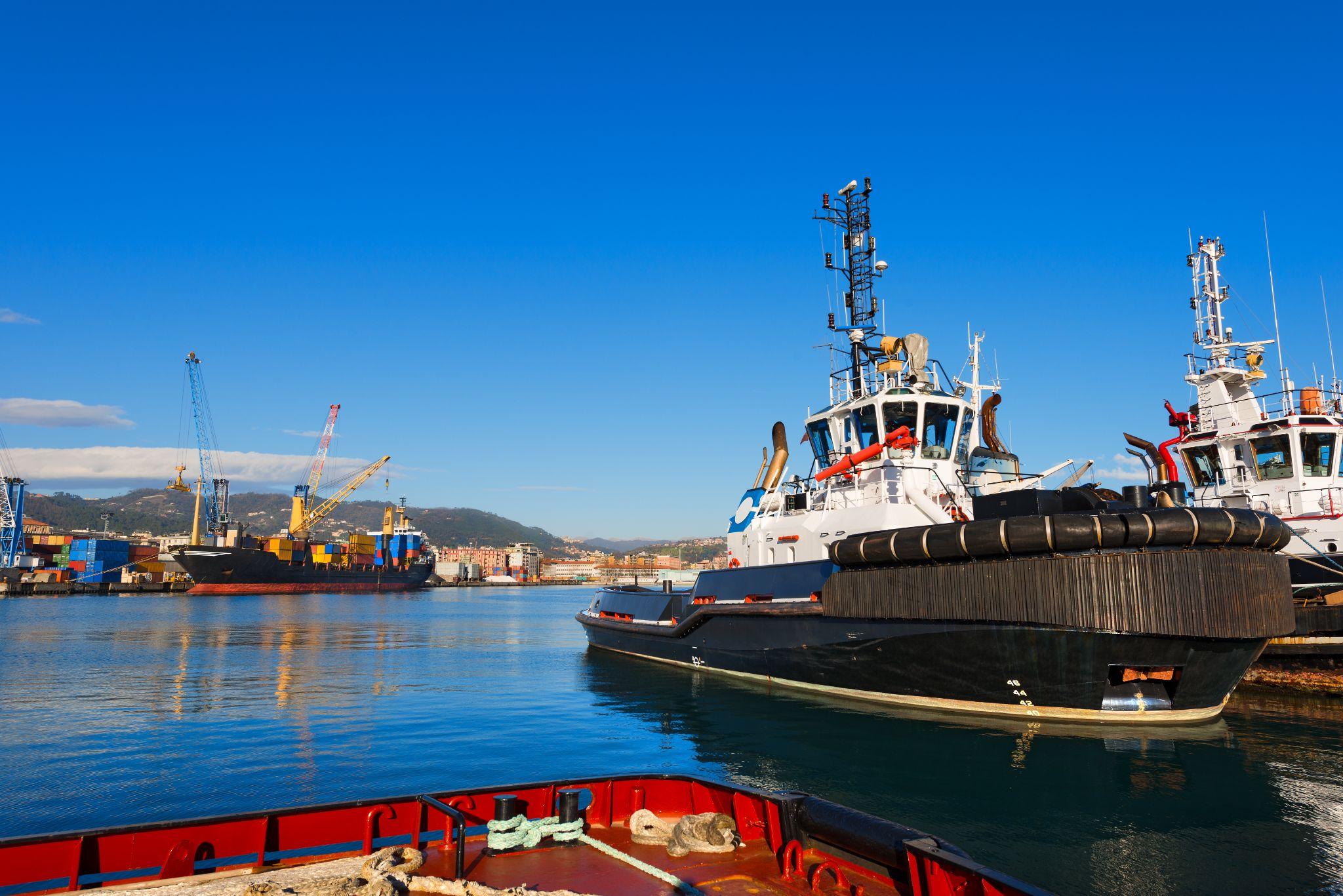 Two Tugboats and Containers Ship