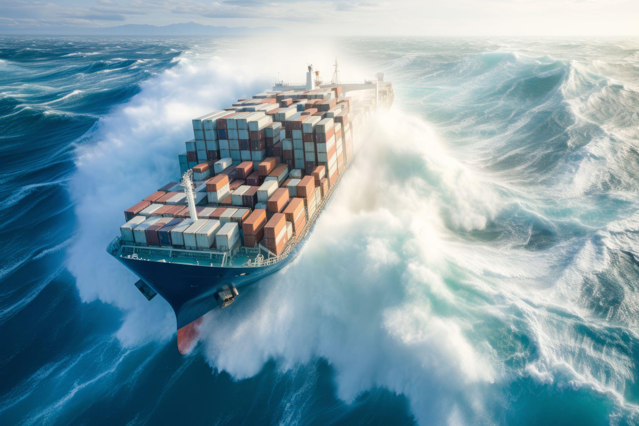 Amidst a raging storm, a resilient shipping vessel sails bravely through the vast expanse of the ocean