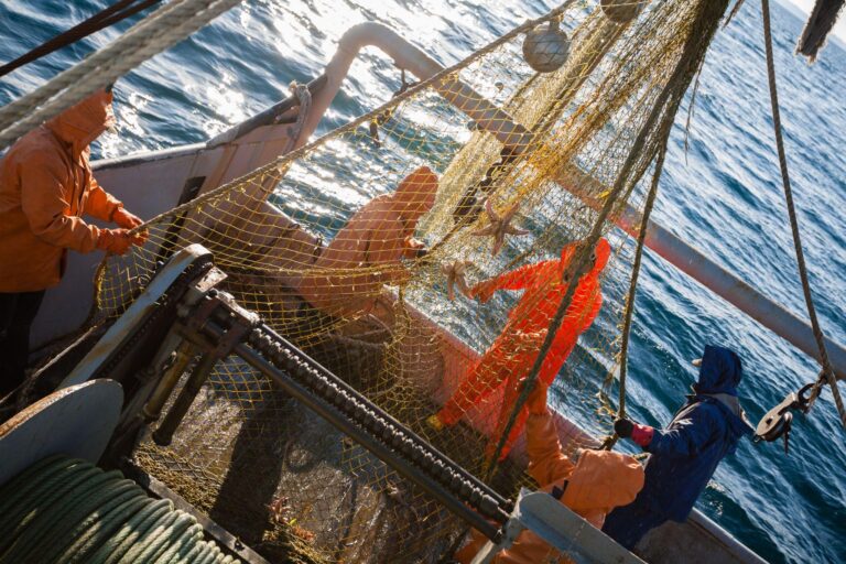 Fishermen using a trawl winch on a boat