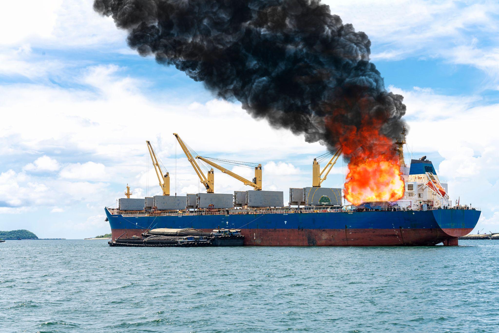 Large general cargo ship on fire