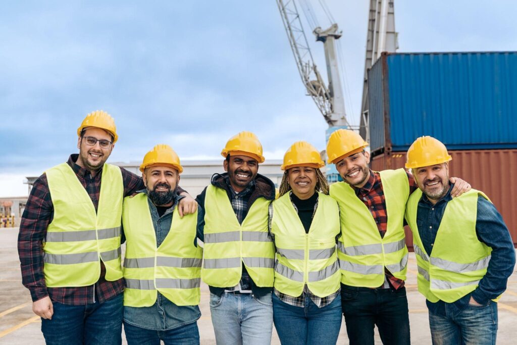 Happy maritime workers at a ship yard