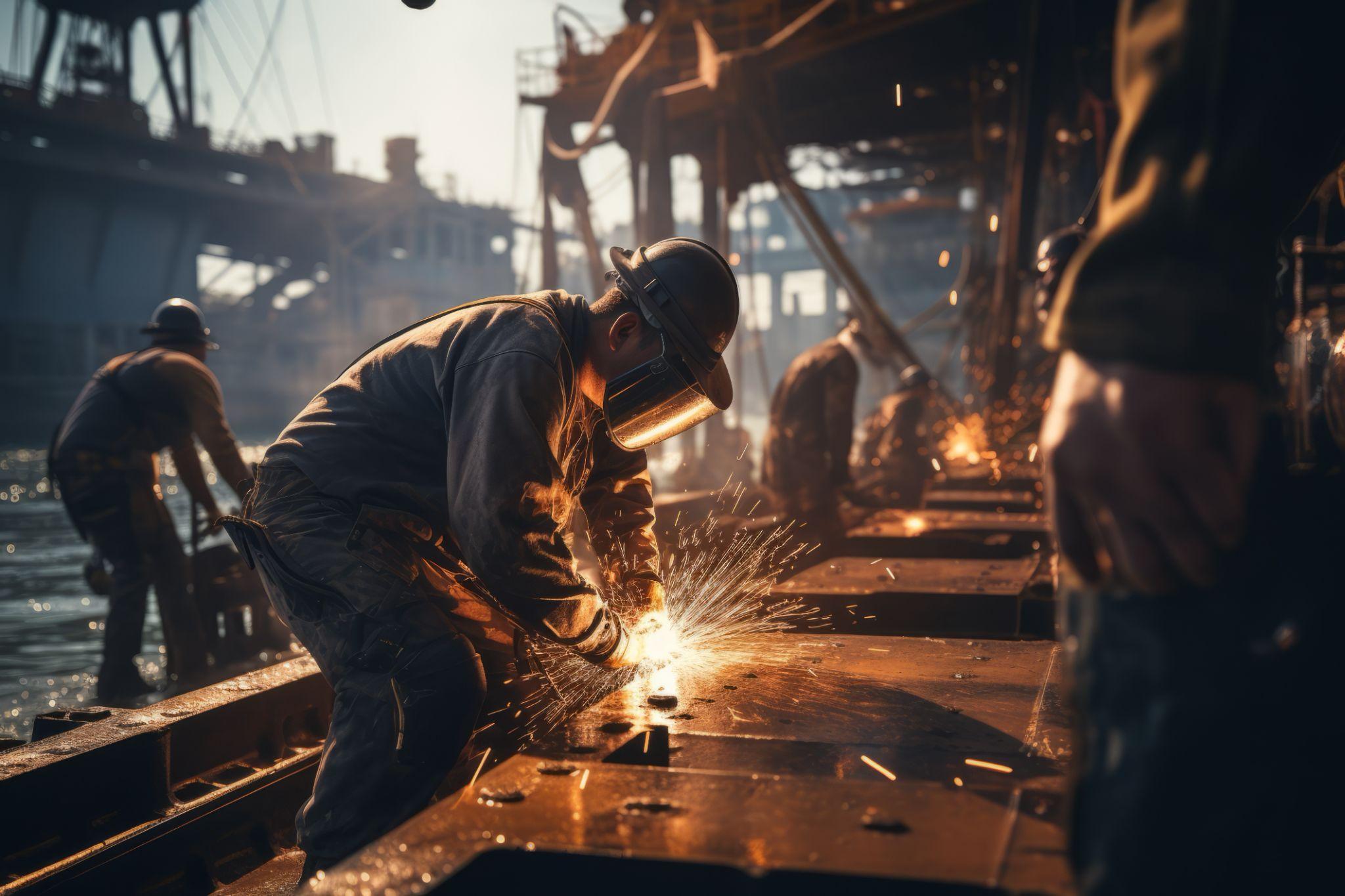 Shipyard With Workers Welding And Constructing