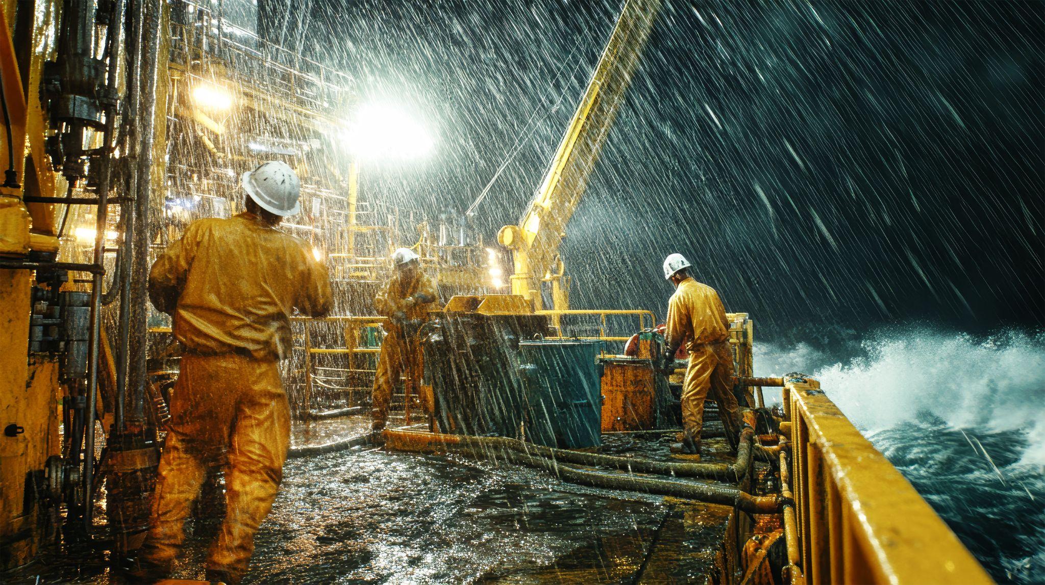 Maritime workers working during a storm