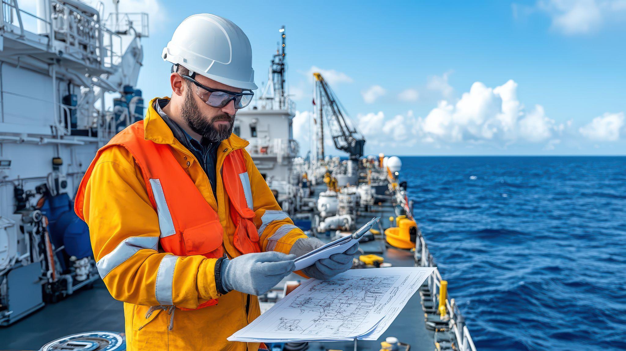 Maritime worker is reviewing plans on a vessel